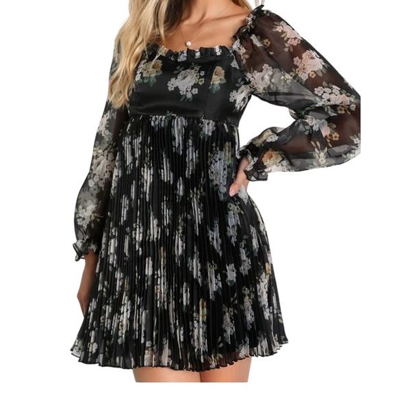 Lulus Sweetest Affection Black Floral Pleated Babydoll Mini Dress NWT New M - Picture 9 of 9